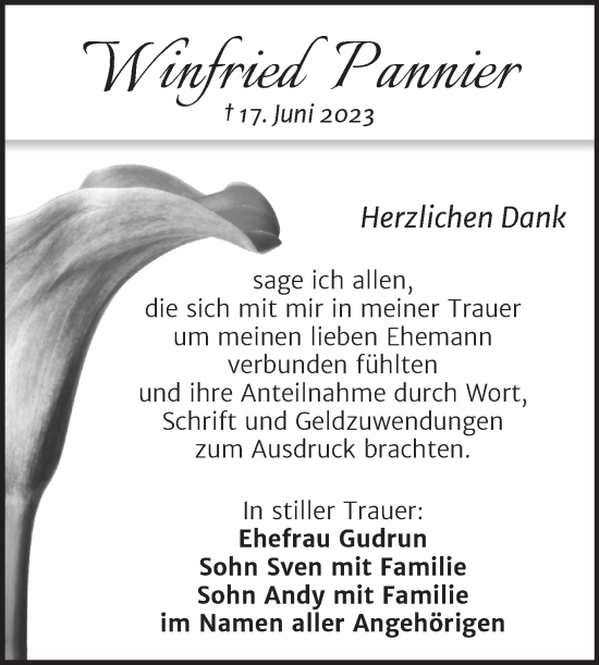 Traueranzeige von Winfried Pannier von Trauerkombi Wittenberg