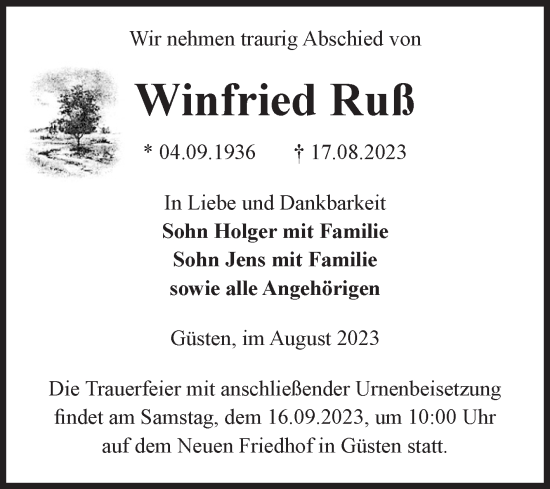 Traueranzeige von Winfried Ruß von Volksstimme Staßfurt