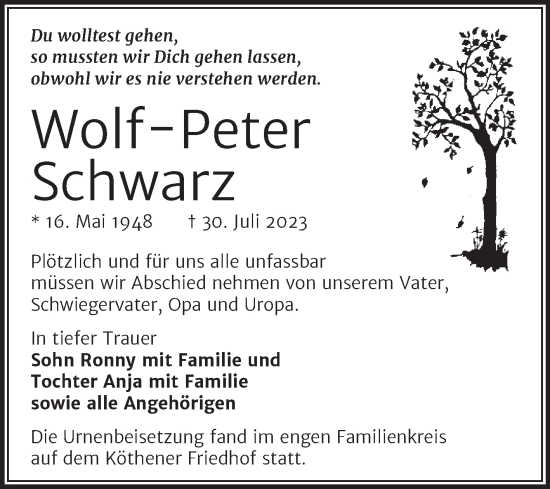 Traueranzeige von Wolf-Peter Schwarz von Trauerkombi Köthen