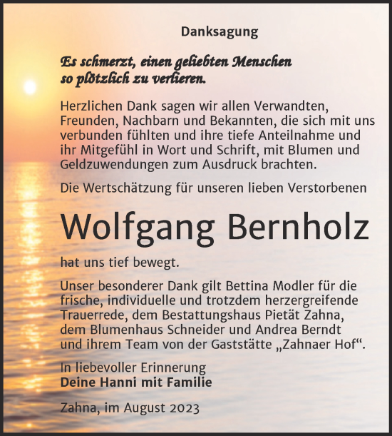 Traueranzeige von Wolfgang Bernholz von Trauerkombi Wittenberg