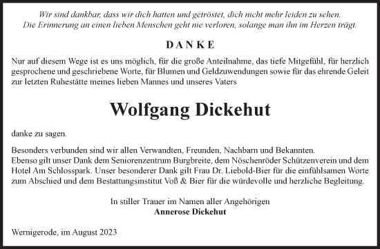 Traueranzeige von Wolfgang Dickehut von Volksstimme Wernigerode