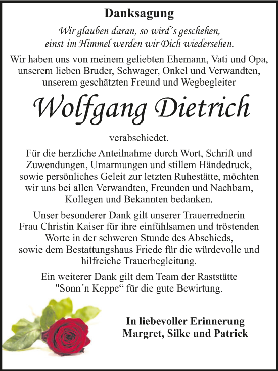 Traueranzeige von Wolfgang Dietrich von Trauerkombi Dessau