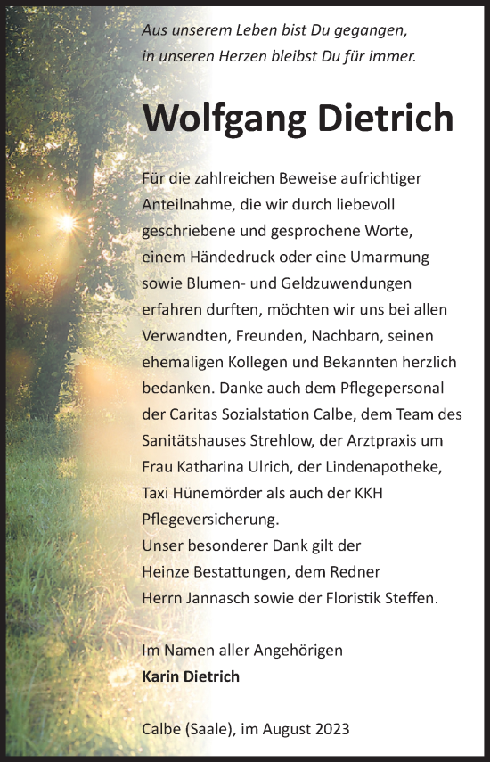 Traueranzeige von Wolfgang Dietrich von Volksstimme Schönebeck
