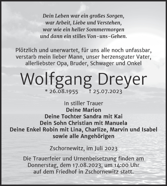 Traueranzeige von Wolfgang Dreyer von Trauerkombi Wittenberg