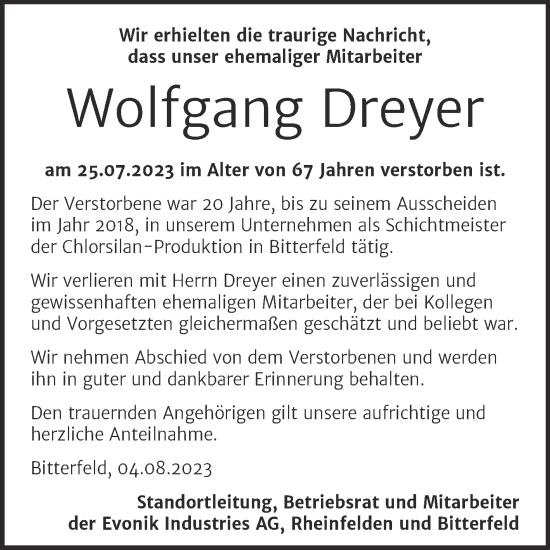 Traueranzeige von Wolfgang Dreyer von Wochenspiegel Bitterfeld