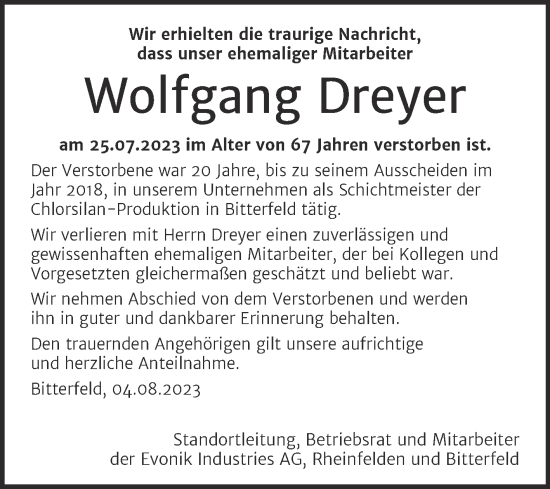Traueranzeige von Wolfgang Dreyer von Mitteldeutsche Zeitung Bitterfeld