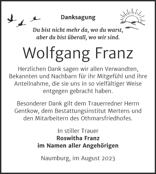 Traueranzeige von Wolfgang Franz von Wochenspiegel Naumburg/Nebra