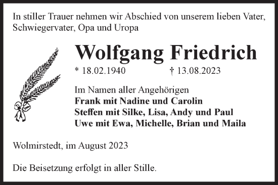 Traueranzeige von Wolfgang Friedrich von Volksstimme Haldensleben/Wolmirstedt