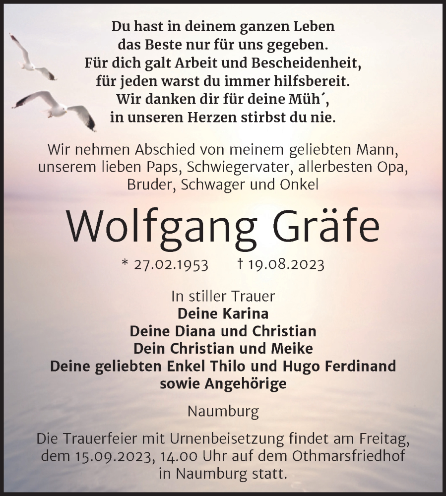  Traueranzeige für Wolfgang Gräfe vom 30.08.2023 aus Wochenspiegel Naumburg/Nebra