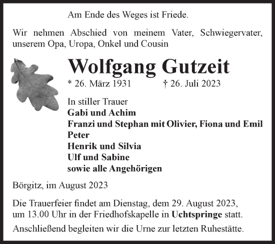Traueranzeige von Wolfgang Gutzeit von Volksstimme Altmark Ost