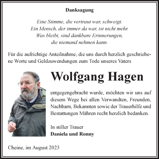 Traueranzeige von Wolfgang Hagen von Volksstimme Altmark West