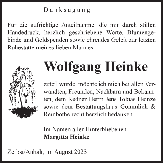 Traueranzeige von Wolfgang Heinke von Volksstimme Zerbst