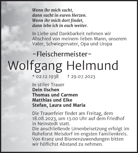 Traueranzeige von Wolfgang Helmund von Trauerkombi Quedlinburg