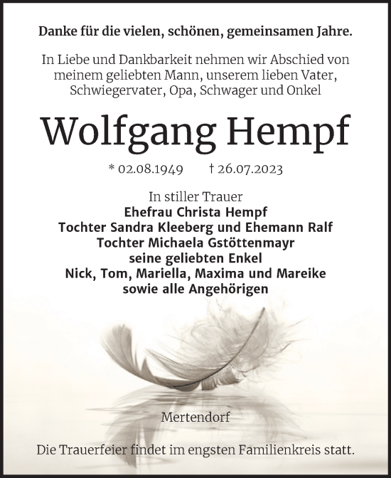 Traueranzeige von Wolfgang Hempf von Wochenspiegel Naumburg/Nebra