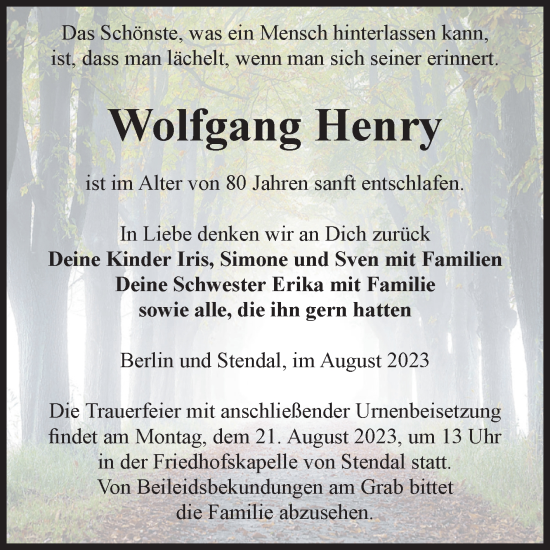 Traueranzeige von Wolfgang Henry von Volksstimme Altmark Ost