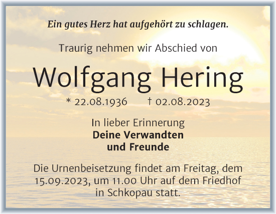 Traueranzeige von Wolfgang Hering von Trauerkombi Merseburg