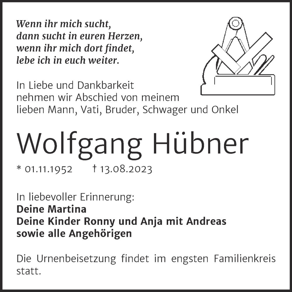 Traueranzeigen von Wolfgang Hübner | www.abschied-nehmen.de
