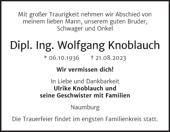Traueranzeige von Wolfgang Knoblauch von Wochenspiegel Naumburg/Nebra