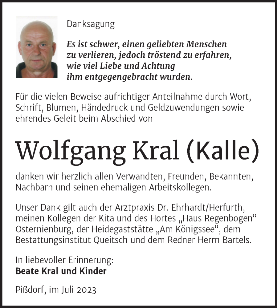  Traueranzeige für Wolfgang Kral vom 05.08.2023 aus Trauerkombi Köthen