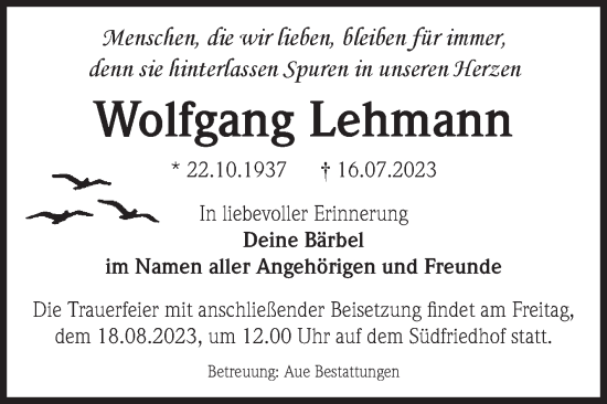 Traueranzeige von Wolfgang Lehmann von Volksstimme Magdeburg