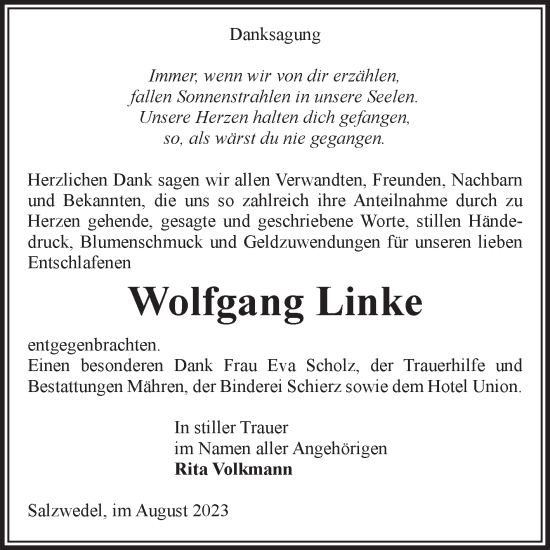 Traueranzeige von Wolfgang Linke von Volksstimme Altmark West