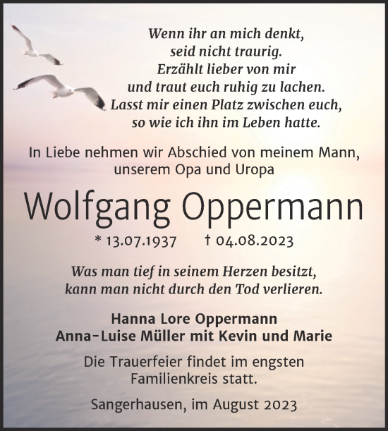 Traueranzeige von Wolfgang Oppermann von Trauerkombi Sangerhausen