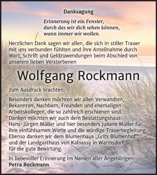 Traueranzeige von Wolfgang Rockmann von Trauerkombi Aschersleben