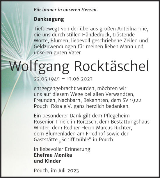 Traueranzeige von Wolfgang Rocktäschel von Trauerkombi Bitterfeld