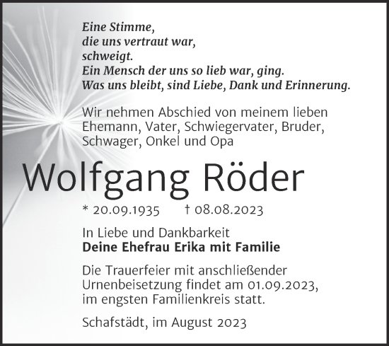 Traueranzeige von Wolfgang Röder von Trauerkombi Merseburg