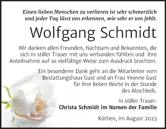 Traueranzeige von Wolfgang Schmidt von Trauerkombi Köthen