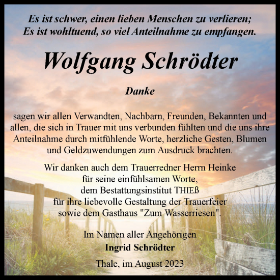 Traueranzeige von Wolfgang Schrödter von Trauerkombi Quedlinburg