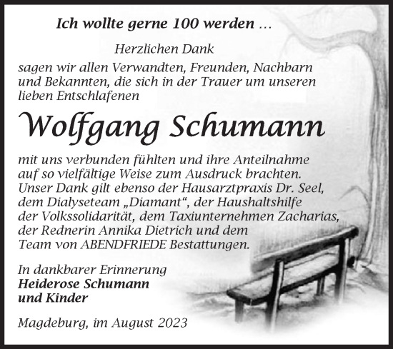Traueranzeige von Wolfgang Schumann von Volksstimme Magdeburg