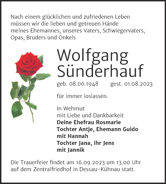 Traueranzeige von Wolfgang Sünderhauf von Trauerkombi Dessau