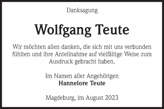 Traueranzeige von Wolfgang Teute von Volksstimme Magdeburg