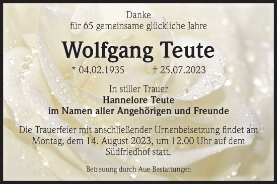 Traueranzeige von Wolfgang Teute von Volksstimme Magdeburg