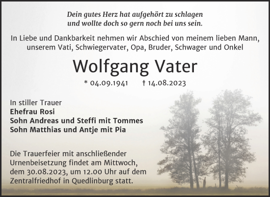 Traueranzeige von Wolfgang Vater von Trauerkombi Quedlinburg
