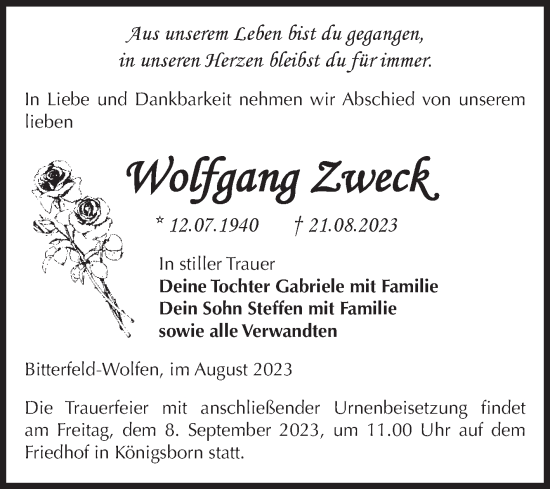 Traueranzeige von Wolfgang Zweck von Mitteldeutsche Zeitung Bitterfeld