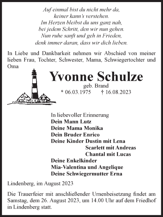 Traueranzeige von Yvonne Schulze von Volksstimme Altmark Ost