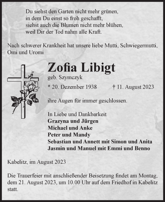 Traueranzeige von Zofia Libigt von Volksstimme Altmark Ost