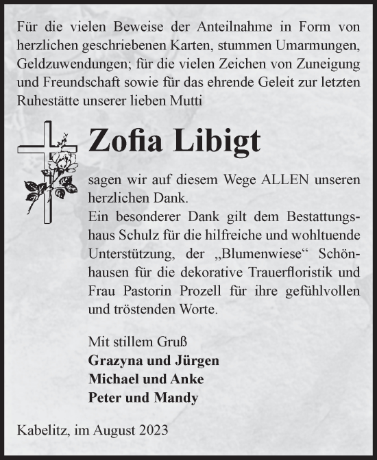 Traueranzeige von Zofia Libigt von Volksstimme Altmark Ost