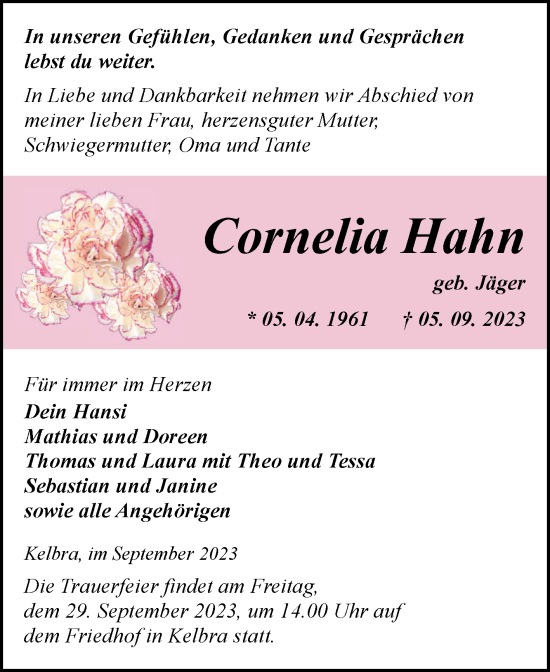 Traueranzeige von Cornelia Hahn von Trauerkombi Sangerhausen