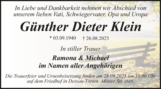 Traueranzeige von Günther Dieter Klein von Trauerkombi Dessau