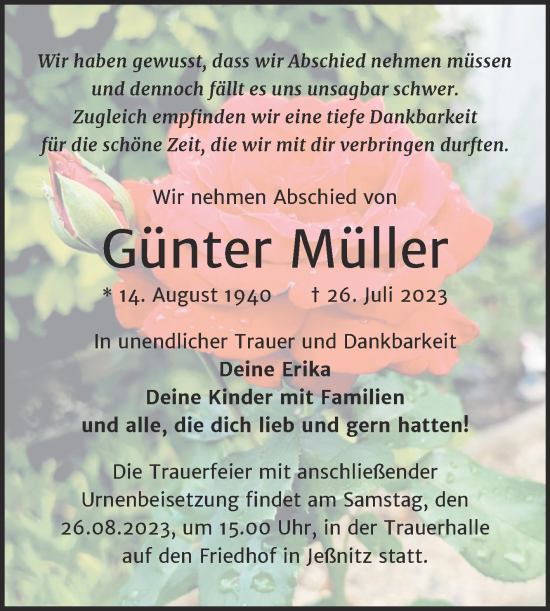 Traueranzeige von Günter Müller von Trauerkombi Bitterfeld