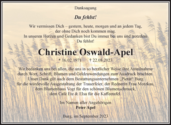 Traueranzeige von Christine Oswald-Apel von Volksstimme Burg/Genthin