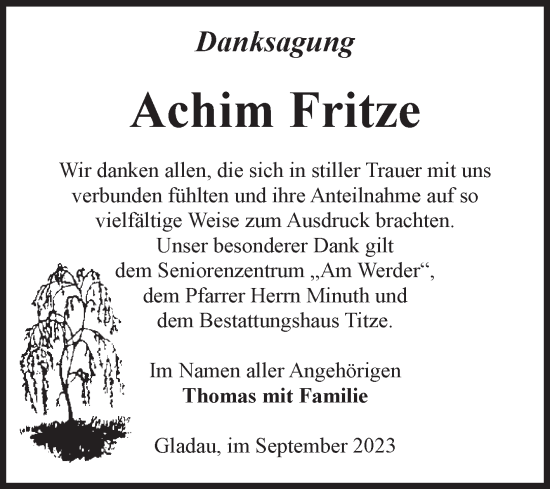 Traueranzeige von Achim Fritze von Volksstimme Burg/Genthin