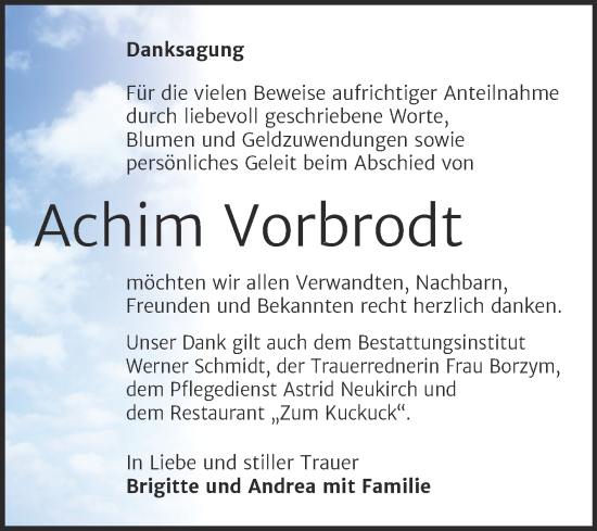 Traueranzeige von Achim Vorbrodt von Trauerkombi Quedlinburg