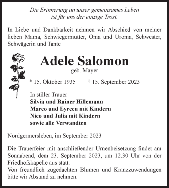 Traueranzeige von Adele Salomon von Volksstimme Haldensleben/Wolmirstedt
