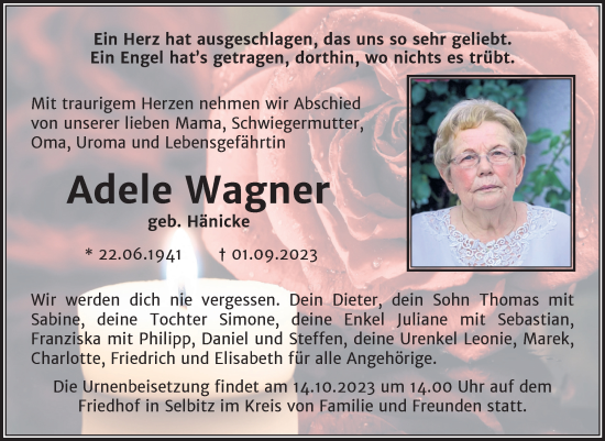 Traueranzeige von Adele Wagner von Trauerkombi Wittenberg