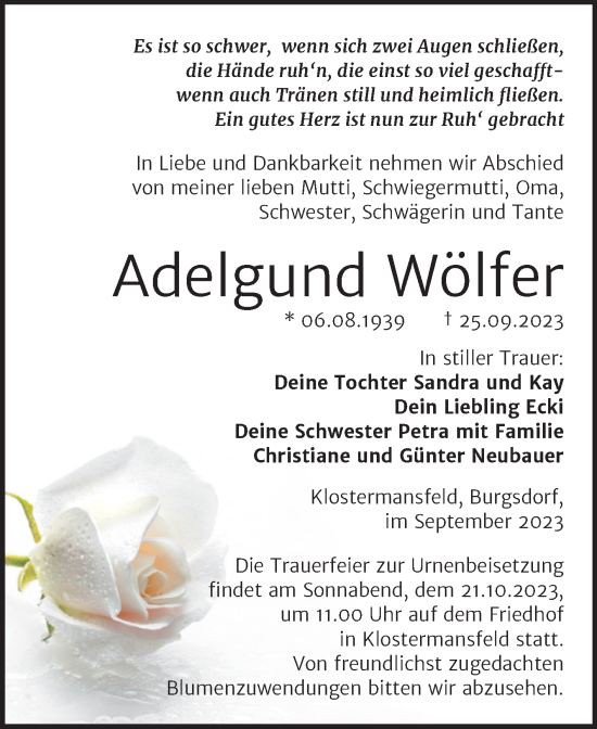 Traueranzeige von Adelgund Wölfer von Trauerkombi Mansfelder Land