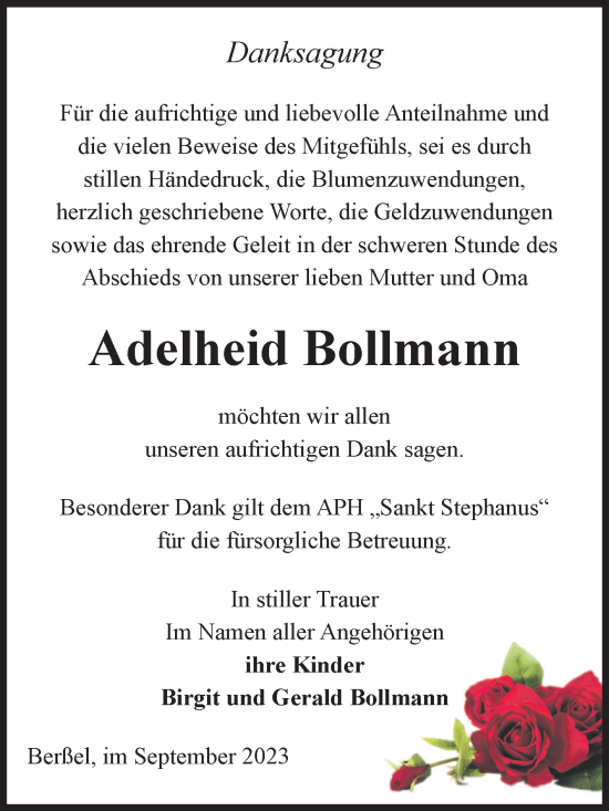 Traueranzeige von Adelheid Bollmann von Volksstimme Halberstadt
